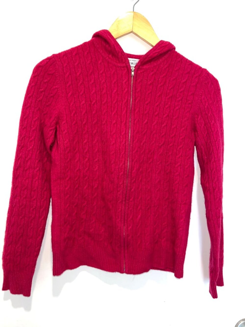 Bloomingdales Red Cable Knit Cashmere Hoodie Sweater Zip Front Womens M Medium